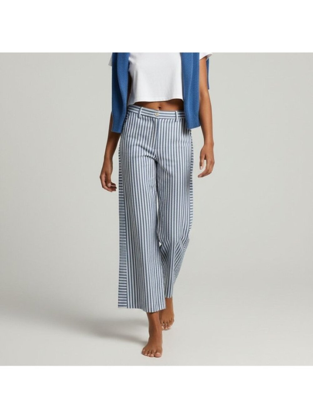 Gracia Striped Blue & White Lined Linen-Blend Wide Leg Pants Size M Coastal Beac